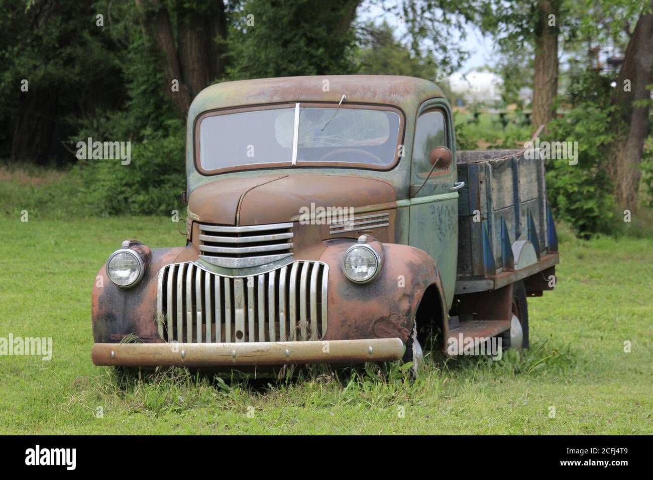 Vecchio camion Chevy con erba, albero, fuori nel paese colpo primo piano. Foto Stock