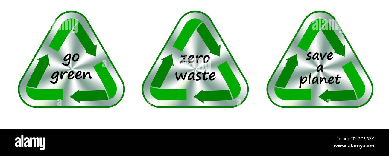 Verde, zero rifiuti, salvare un pianeta ologramma verde, segno di protezione ambientale. Set di ologrammi triangolari Illustrazione Vettoriale