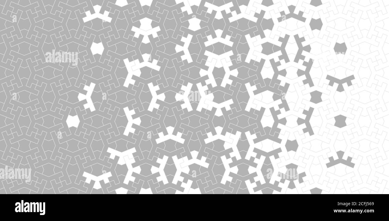 Modello senza giunture vettoriale arabo iraniano. Sfondo geometrico con motivo di tessitura a mezzitoni arabico con disintegrazione della piastrella grigia. Illustrazione Vettoriale