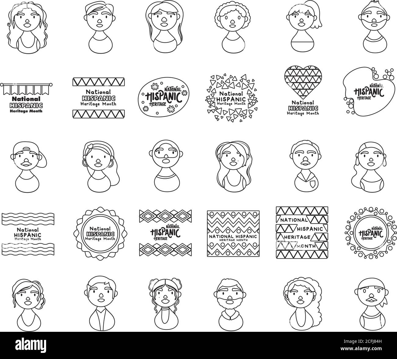 personaggi della gente e caratteri nazionali del patrimonio ispanico icone stile linea disegno di illustrazione vettoriale Illustrazione Vettoriale