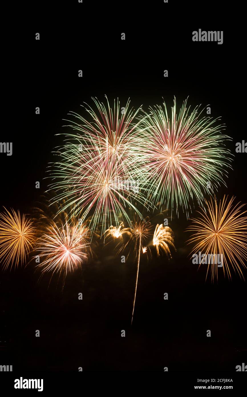 Fuochi d'artificio colorati su sfondo nero Foto Stock