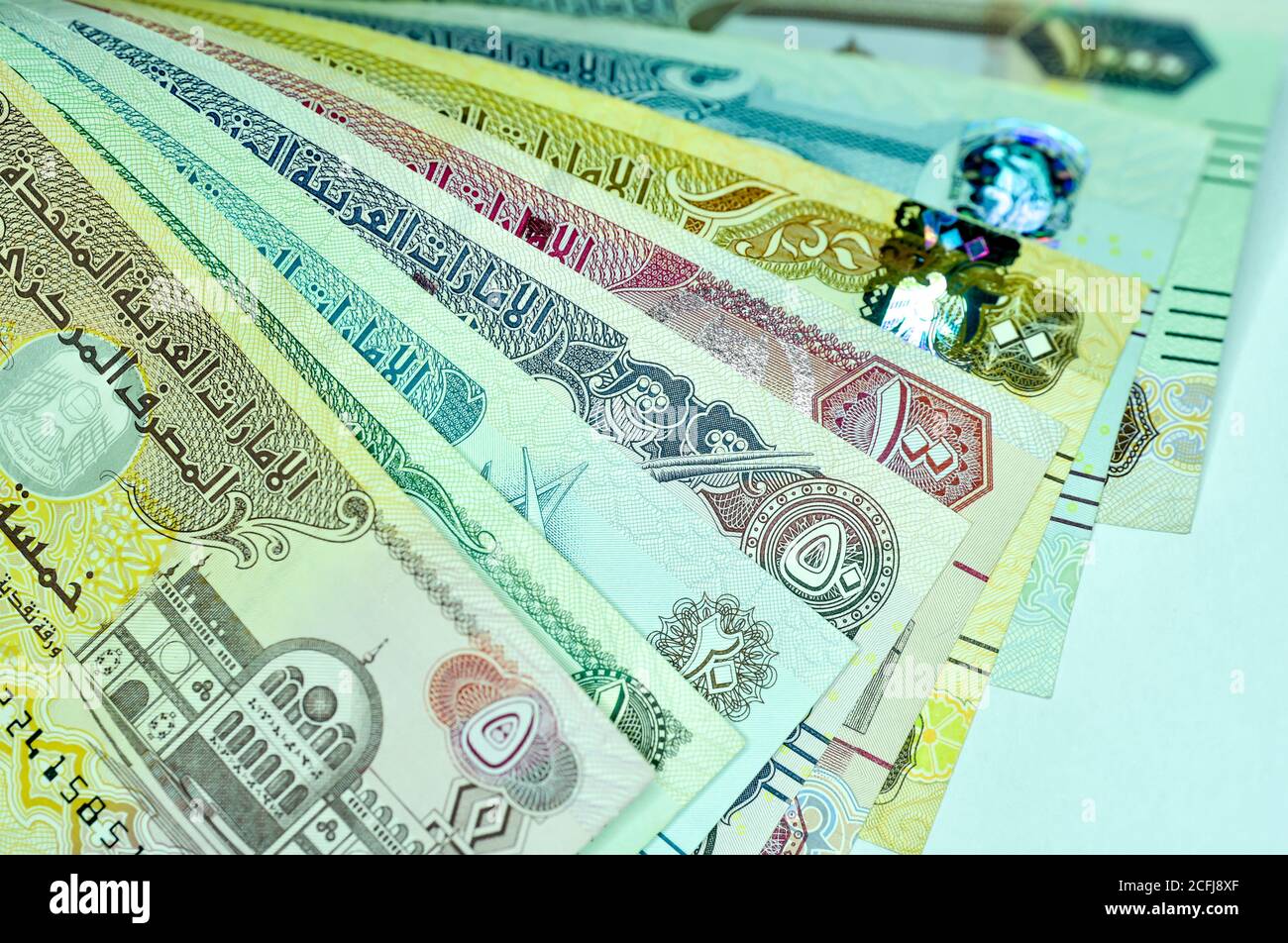 Primo piano Emirati Arabi Uniti valuta, dirham e fils, Dubai, Abu Dhabi  Foto stock - Alamy