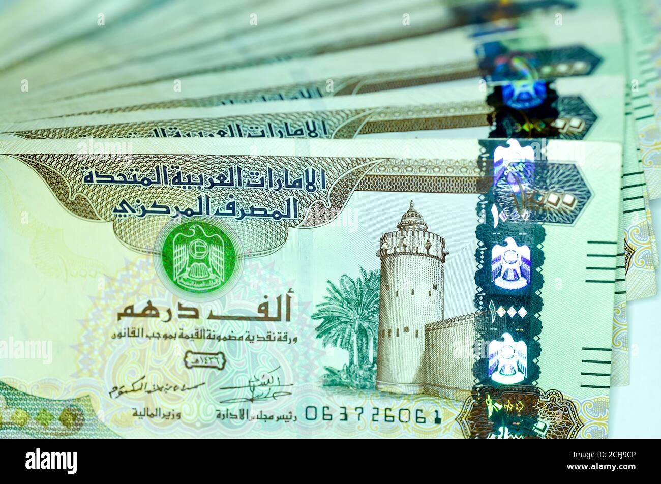 Primo piano Emirati Arabi Uniti valuta, dirham e fils, Dubai, Abu Dhabi  Foto stock - Alamy