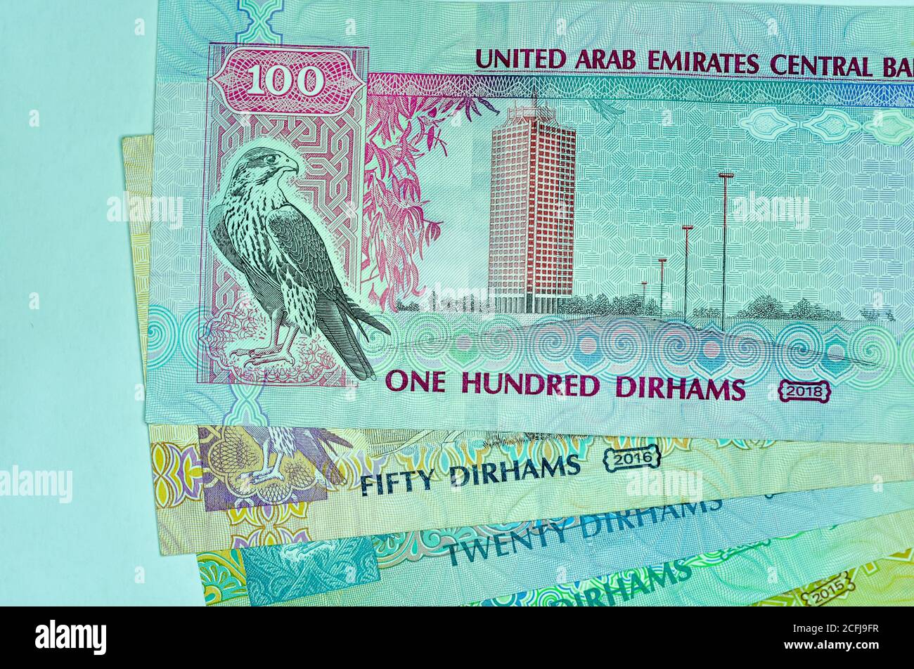 Primo piano Emirati Arabi Uniti valuta, dirham e fils, Dubai, Abu Dhabi Foto Stock