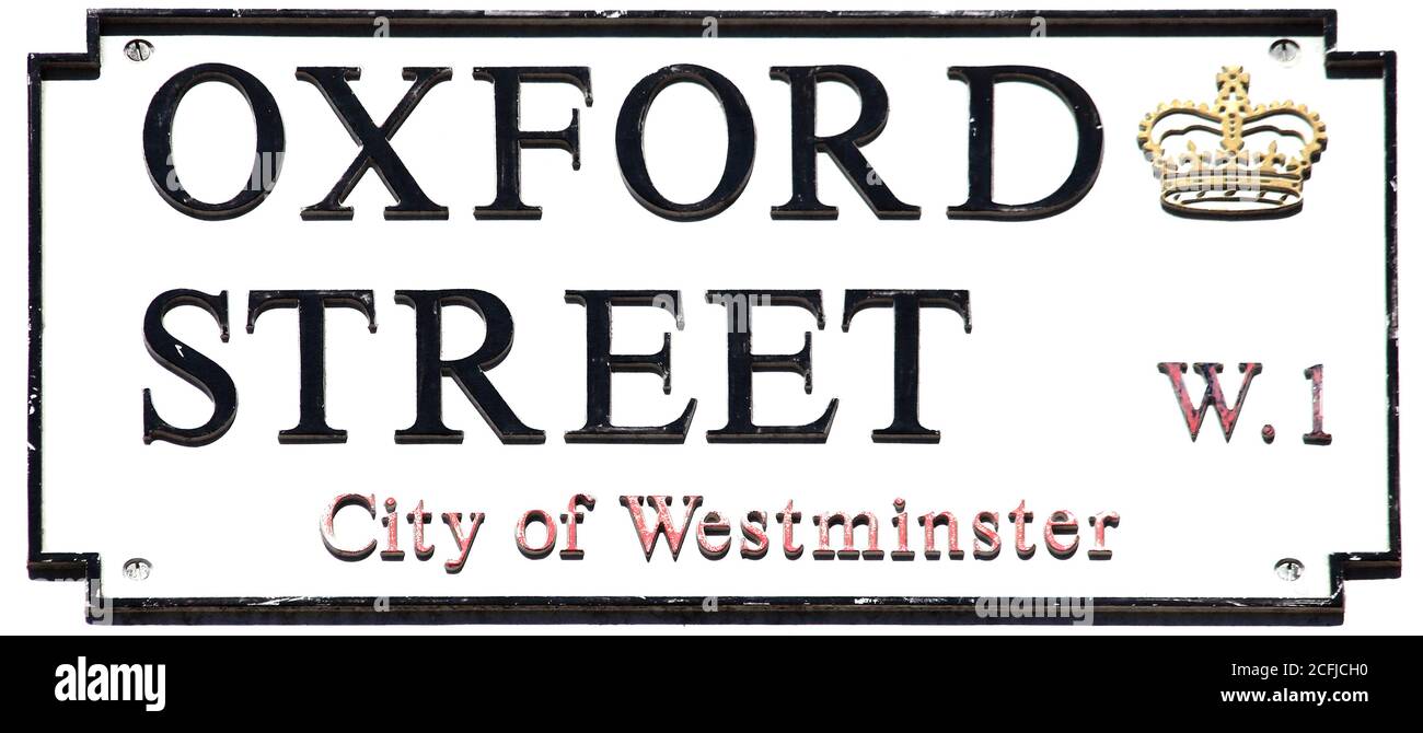 Oxford Street segno Westminster Londra Inghilterra UK che è una popolare destinazione di viaggio di shopping attrazione turistica punto di riferimento foto stock Foto Stock