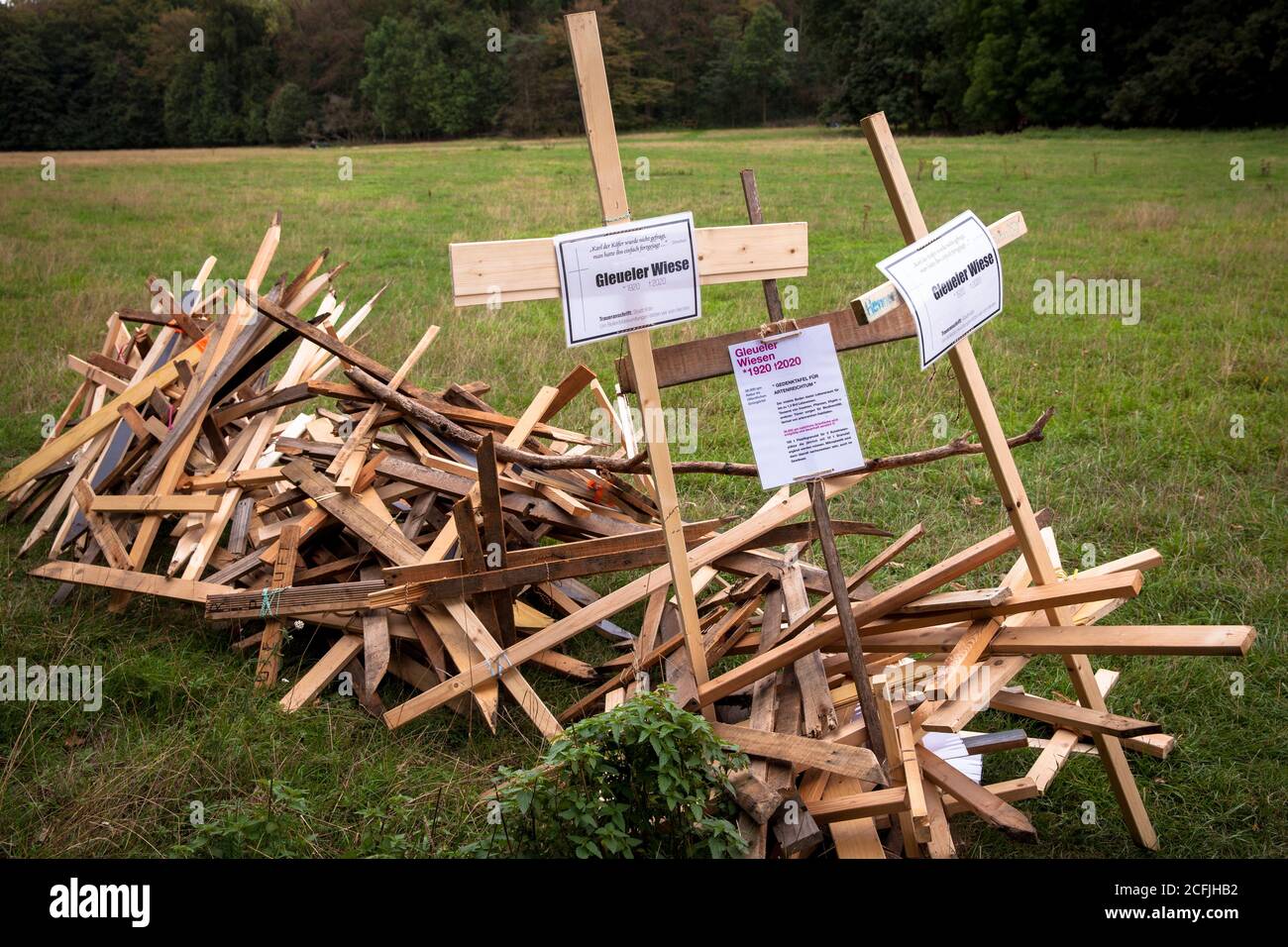 Persone sconosciute avevano eretto croci sul Gleueler Wiese in la foresta cittadina in protesta contro l'espansione del area di allenamento della clu calcistica Foto Stock