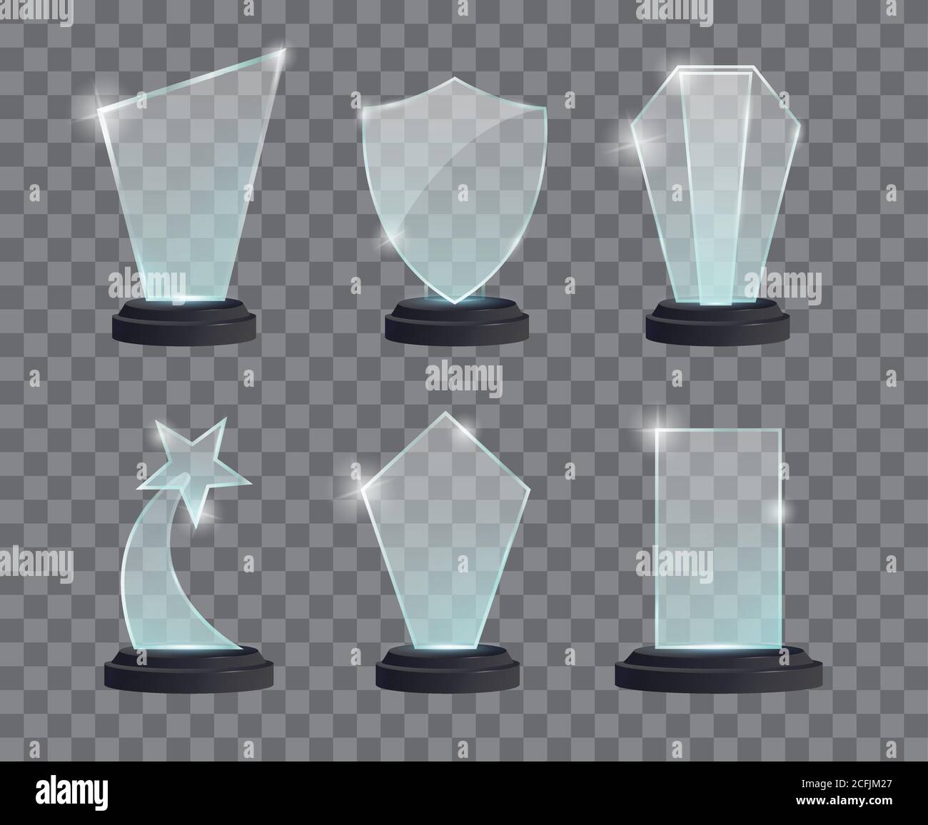 Premio trofeo in vetro con supporto scuro. Premi vettoriali su sfondo trasparente Illustrazione Vettoriale
