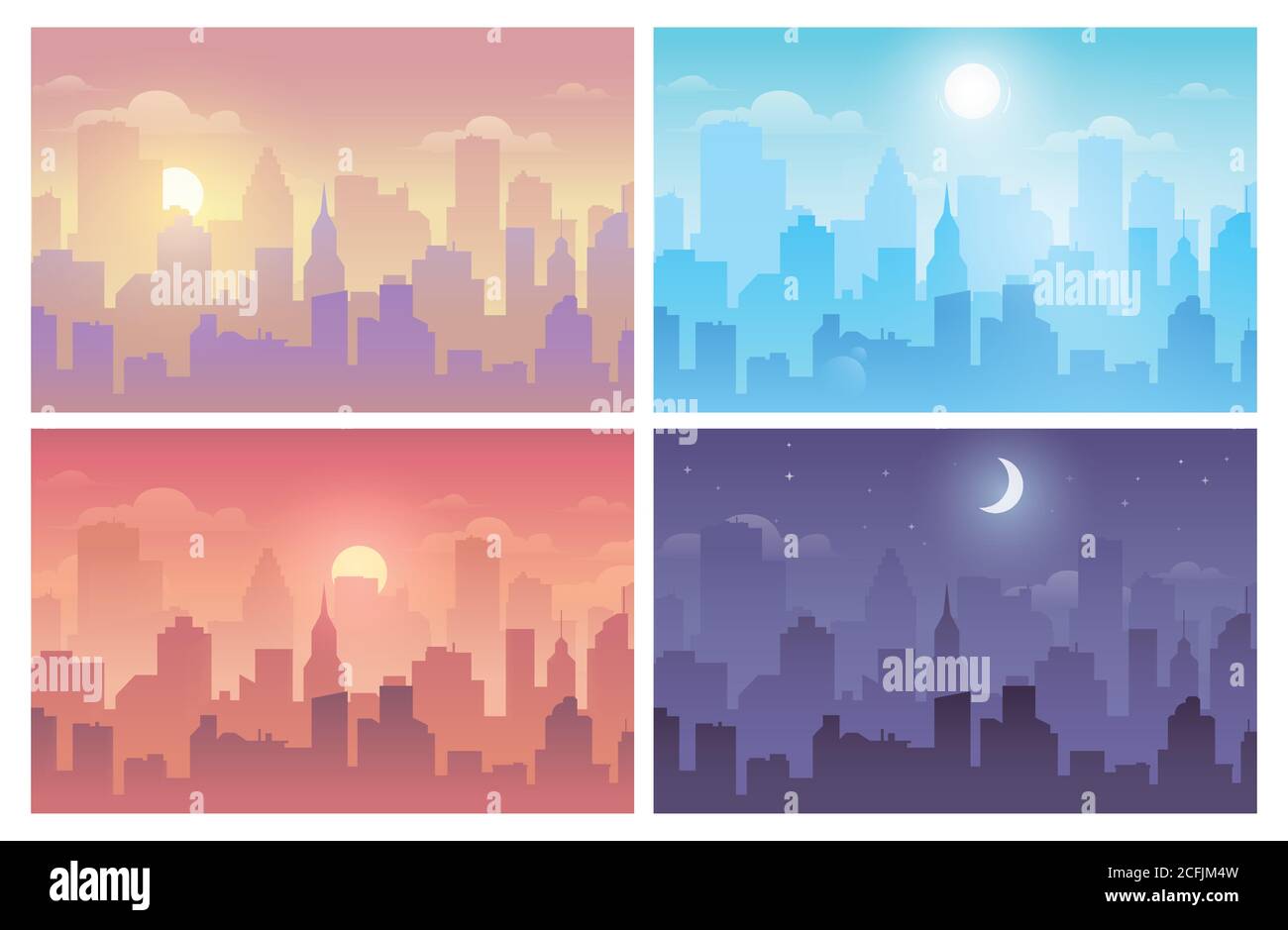 Paesaggio urbano diurno di mattina, giorno e notte skyline della città paesaggio, edifici in città in tempi diversi e città città cielo. Architettura Illustrazione Vettoriale