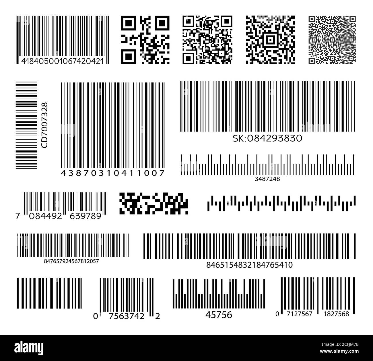 Codici a barre aziendali e codici QR impostati. Codice a strisce nere per l'identificazione digitale. Vettore Illustrazione Vettoriale