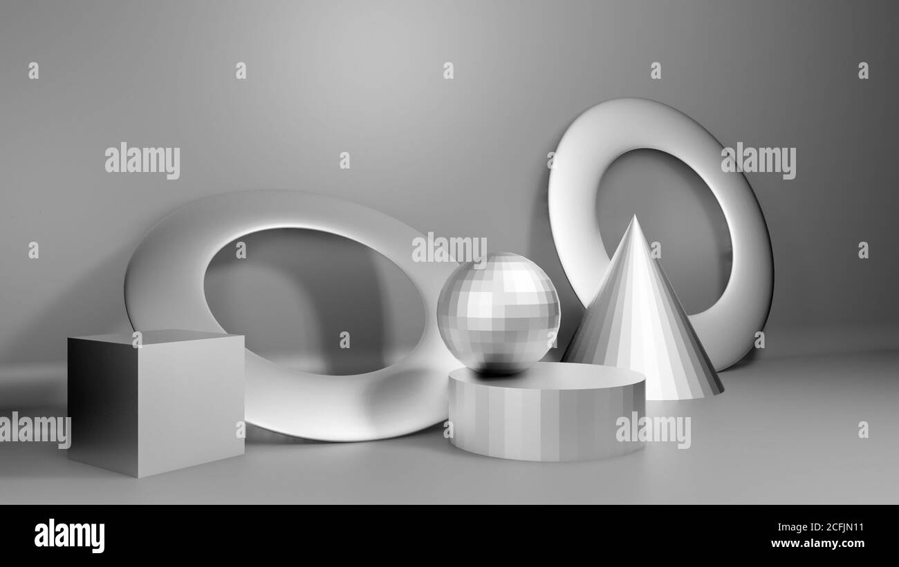 Oggetti metallici geometrici brillanti in interni realistici di studio, cubi, globi, toro, cono, cilindro, illustrazione di rendering 3d, sfondo o sfondo Foto Stock