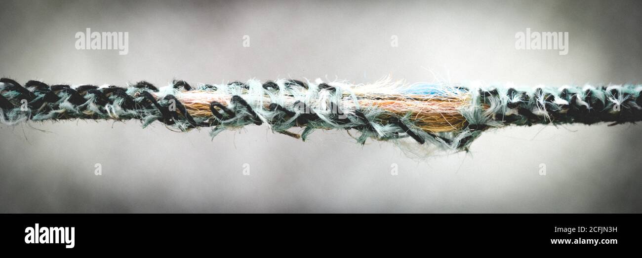 vista di closeup della vecchia fune strappata danneggiata su sfondo grigio sfocato. Foto Stock
