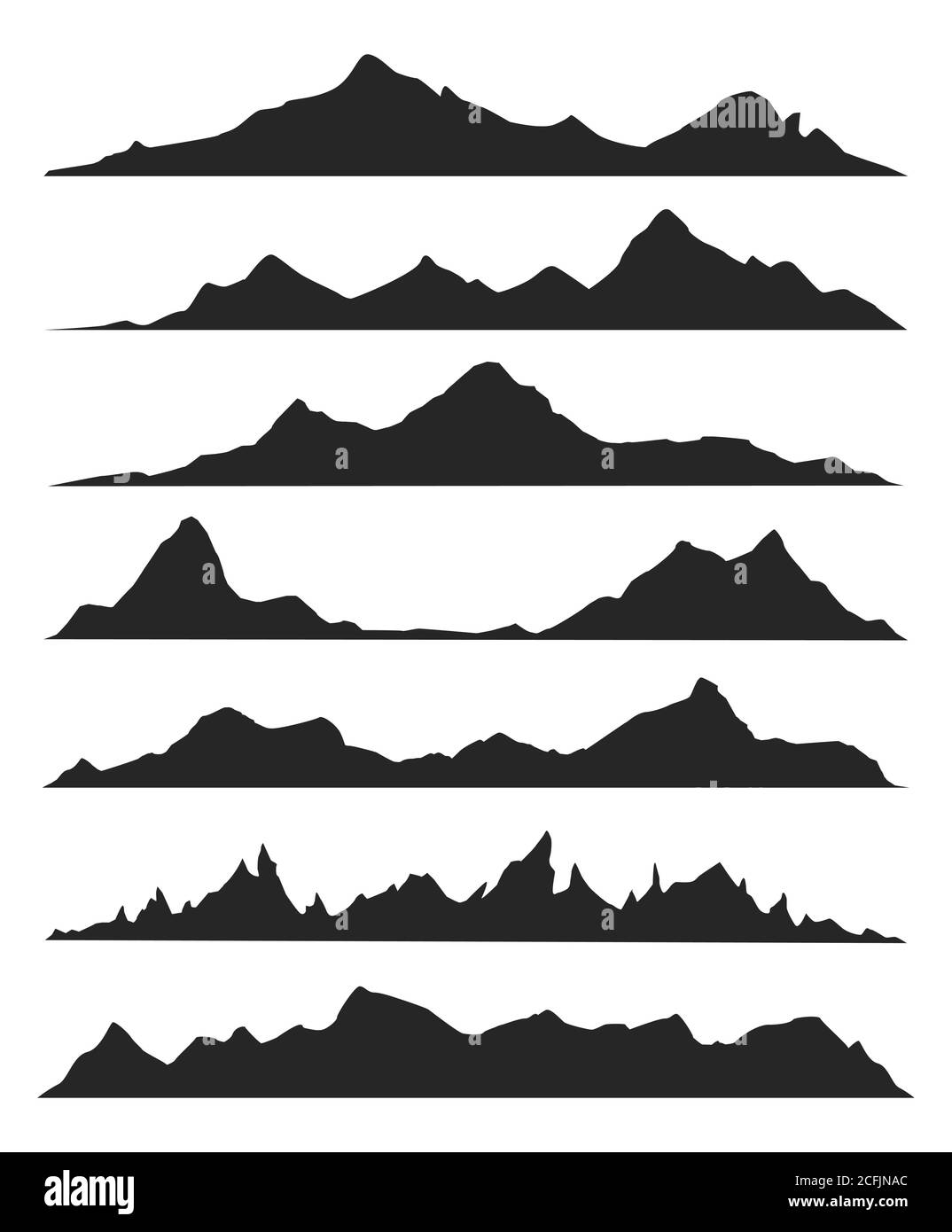 Silhouette di montagna sullo sfondo bianco. Insieme vettoriale di elementi di progettazione esterni. Illustrazione Vettoriale