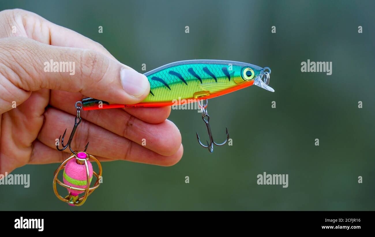 lure di pesca tenuto in mano, un lure di pesca è un tipo di esca artificiale di pesca usata per attrarre il pesce. I lures sono disponibili in molte forme, dimensioni e co Foto Stock