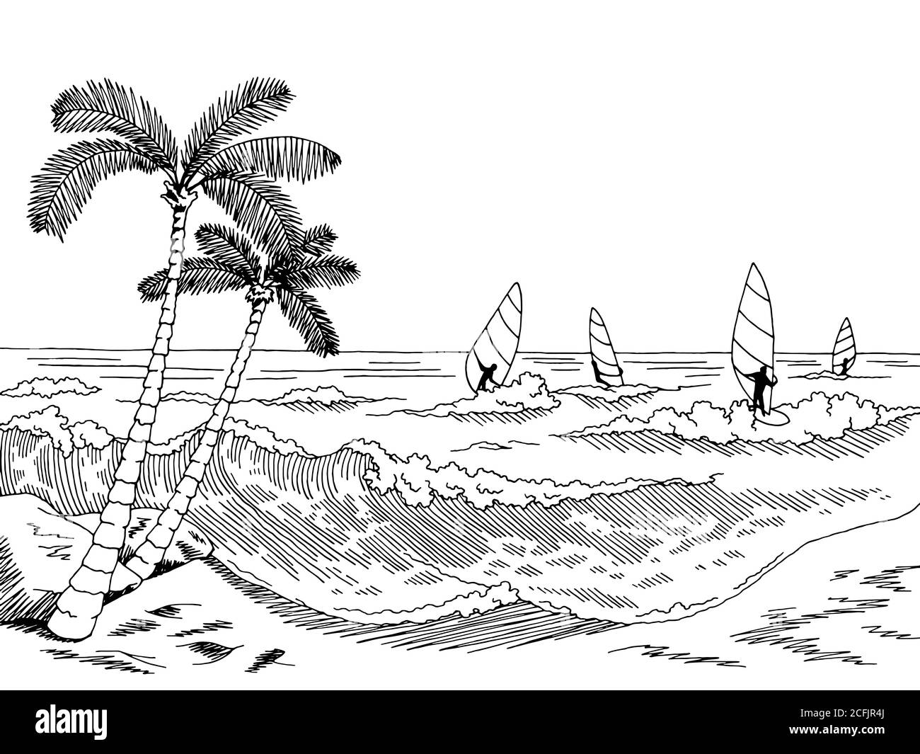 Sea windsurfing grafico nero bianco Seascape disegno vettore Illustrazione Vettoriale