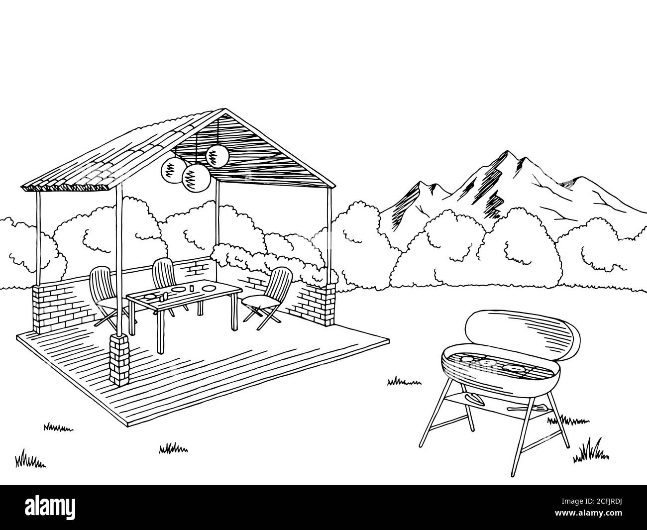 Grafica barbecue bianco nero disegno orizzontale vettore illustrazione Illustrazione Vettoriale