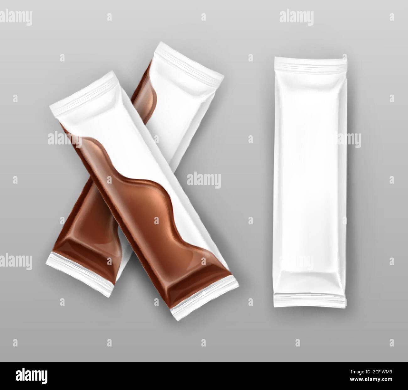 Plastica bianca o lamina per dolci. Pacchetti modello prodotti alimentari insieme vettoriale realistico isolato su sfondo grigio. Progettazione di confezioni per spuntini - cioccolato, biscotti, caramelle, bar. Illustrazione Vettoriale