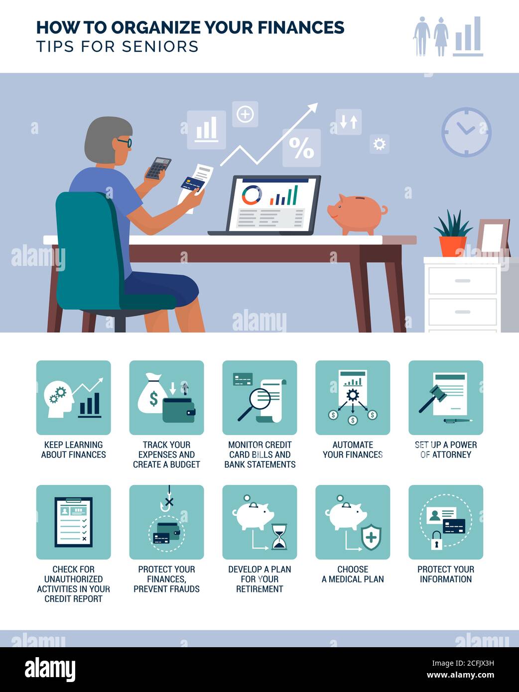 Come organizzare le vostre finanze: Consigli di gestione finanziaria per anziani, infografica con icone impostate Illustrazione Vettoriale