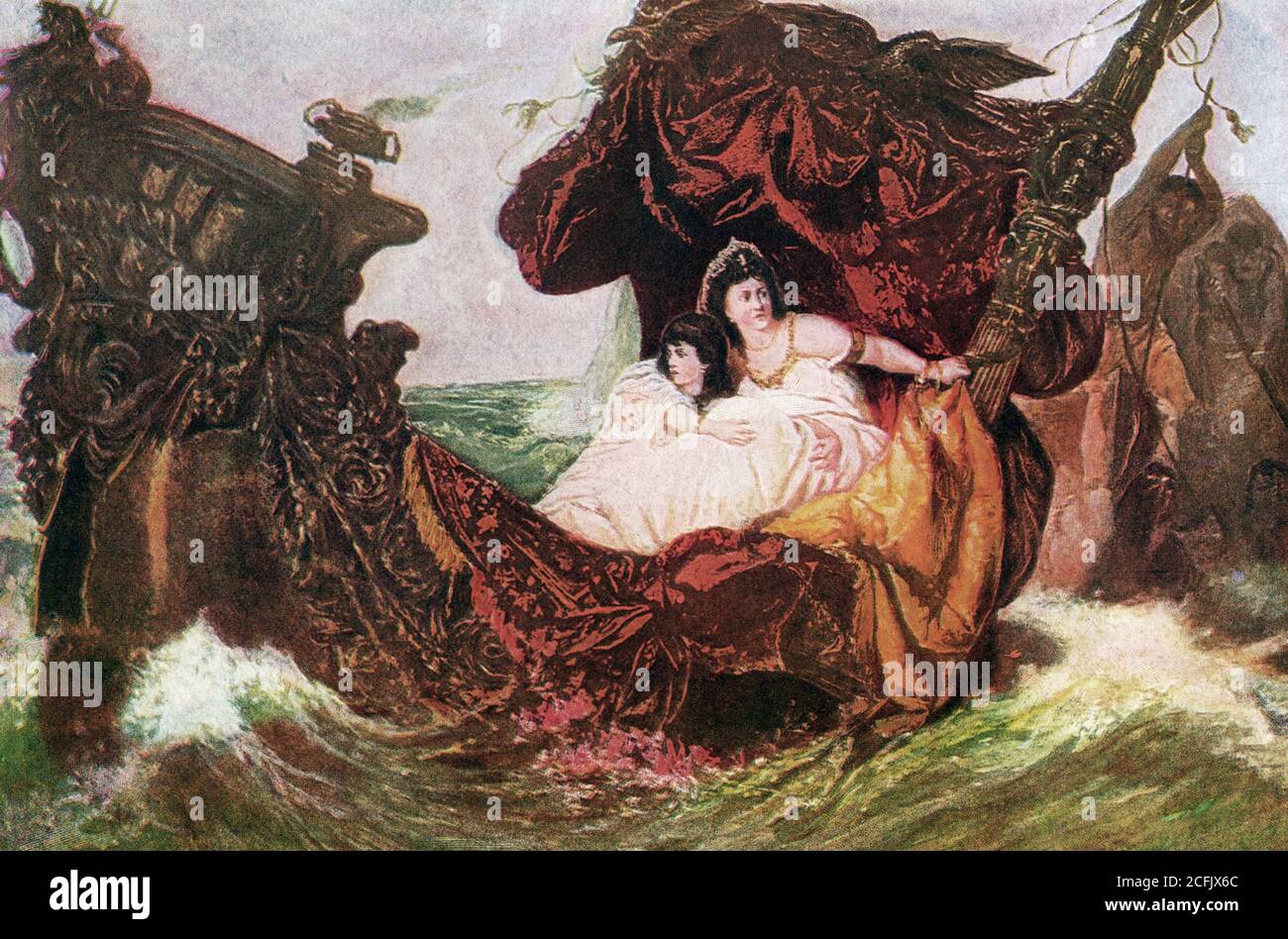 Agrippina il giovane (morto nel 59 d.C.) era figlia di Germanico e madre dell'imperatore Nerone. Tacitus sostiene che Nero considerava l'avvelenamento o lo stabbing di Agrippina, ma riteneva che questi metodi fossero troppo difficili e sospetti, così si stabilì costruendo una barca autosondante. Anche se consapevole della trama, Agrippina si imbarcò su questa barca (vista qui) e fu quasi schiacciata da un soffitto di piombo collassante solo per essere salvato dal lato di un divano che rompe la caduta del soffitto. L'equipaggio ha affondato la barca, ma Agrippina ha nuotato a riva; la sua amica, Acerronia Polla, è stata attaccata da arristi mentre era ancora in acqua, e. Foto Stock