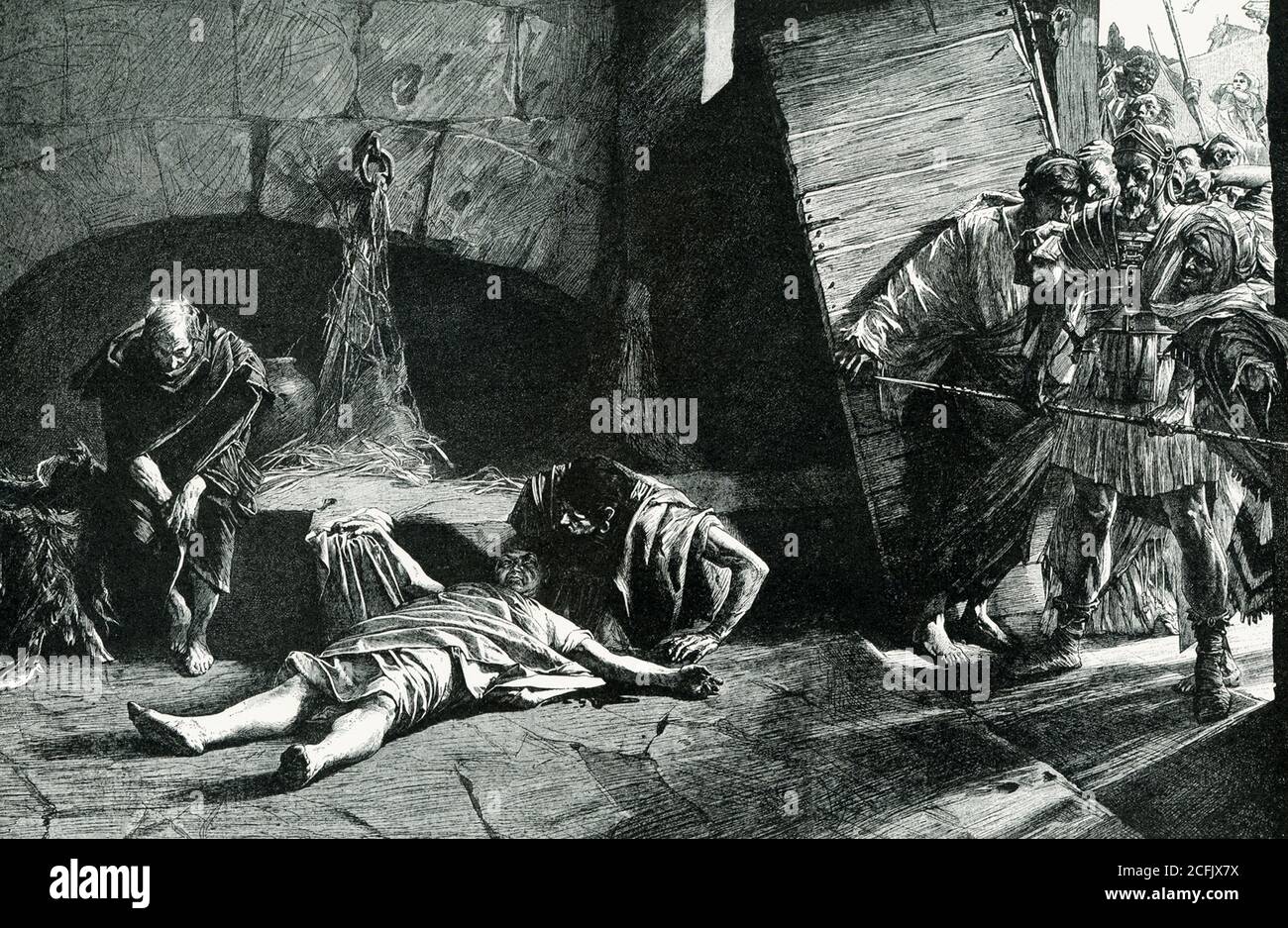 La didascalia di questa illustrazione dei primi anni del '900 recita: Morte di Nero Nero, il peggiore dei tiranni che torturò Roma, morì con la propria mano. Aveva ucciso tanti suoi sudditi, che finalmente c'era un'improvvisa cospirazione, e fu cacciato dal trono. Fuggì come un ratto spaventato e si nascose nella cantina di uno schiavo. I soldati lo cacciarono; implorò di poter vivere, non importa come. Aveva trovato delizioso piacere nell'omicidio di altri, ma non è stato fino a quando non è stato avvertito che i suoi ultimi soggetti stavano progettando di torturarlo a morte, che è riuscito a svanire abbastanza coraggio per morire, him Foto Stock