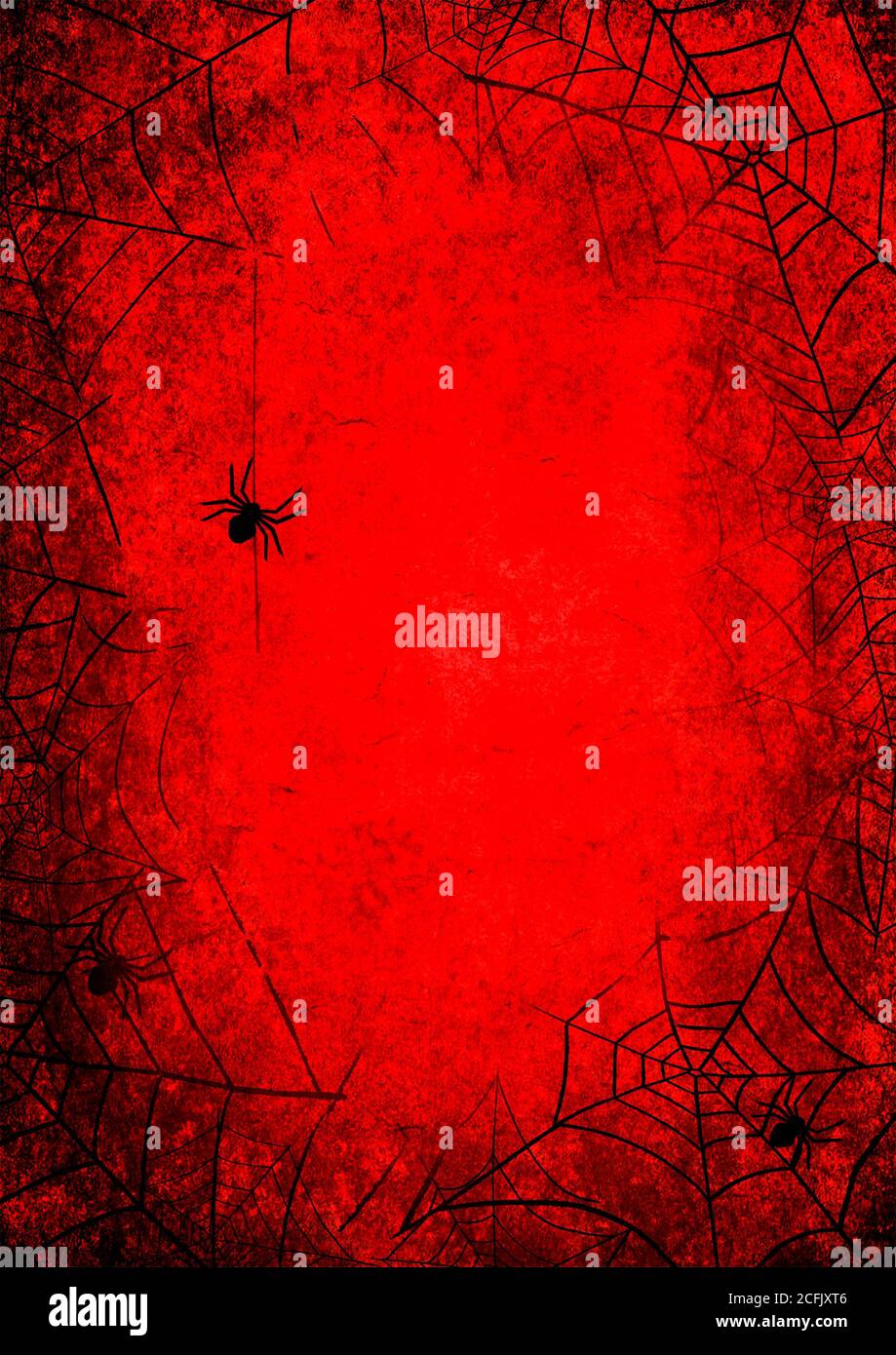 Halloween Natale sanguinoso sfondo rosso grunge con silhouette di ragno e web su scuro lupo cielo notturno. Halloween, concetto horror. Spazio per il testo Foto Stock