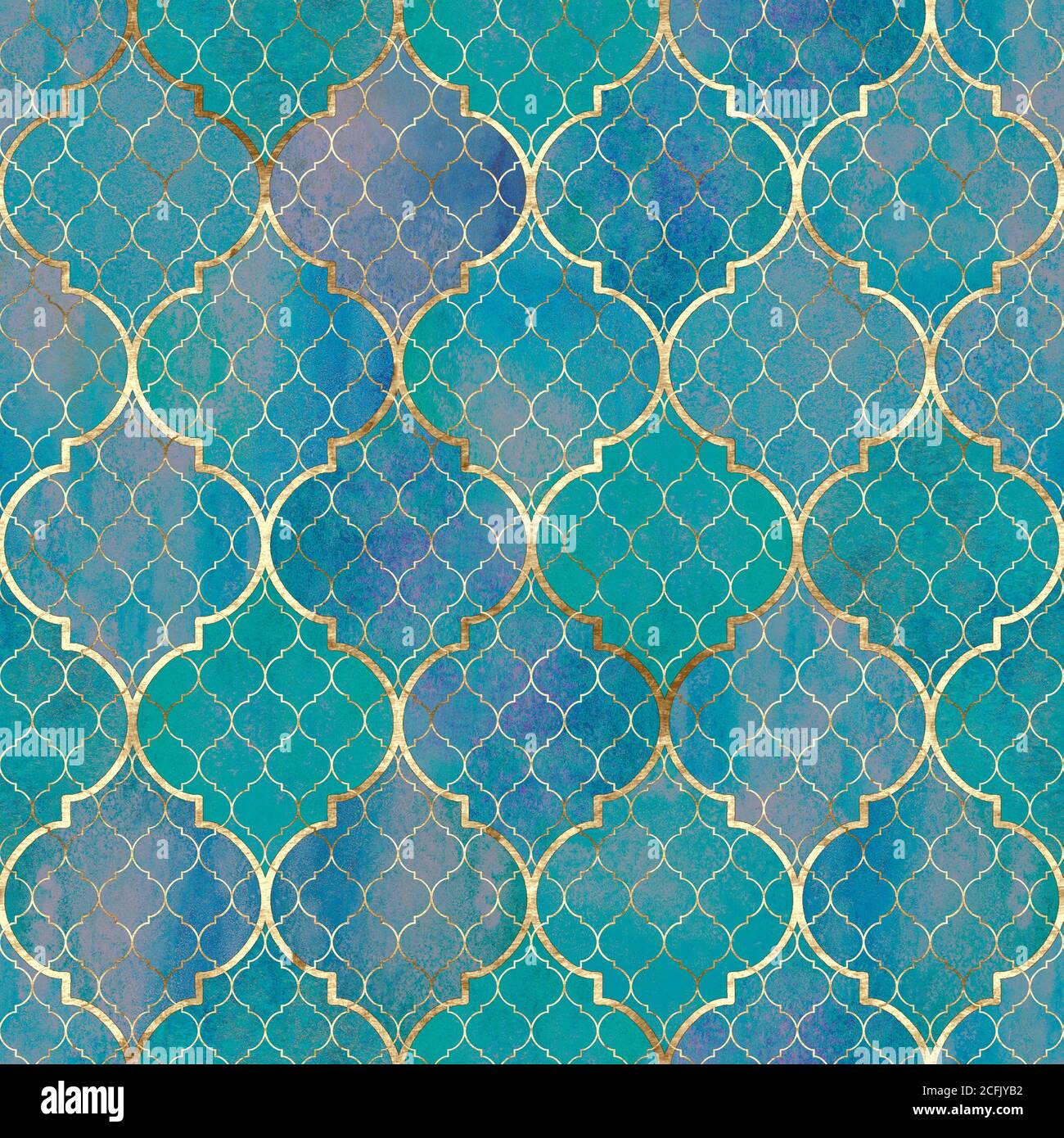 Disegno geometrico senza giunture astratto di acquerello. Texture marocchina decorativa d'epoca con linea oro. Acquerello disegnato a mano blu teal turchese oro Foto Stock