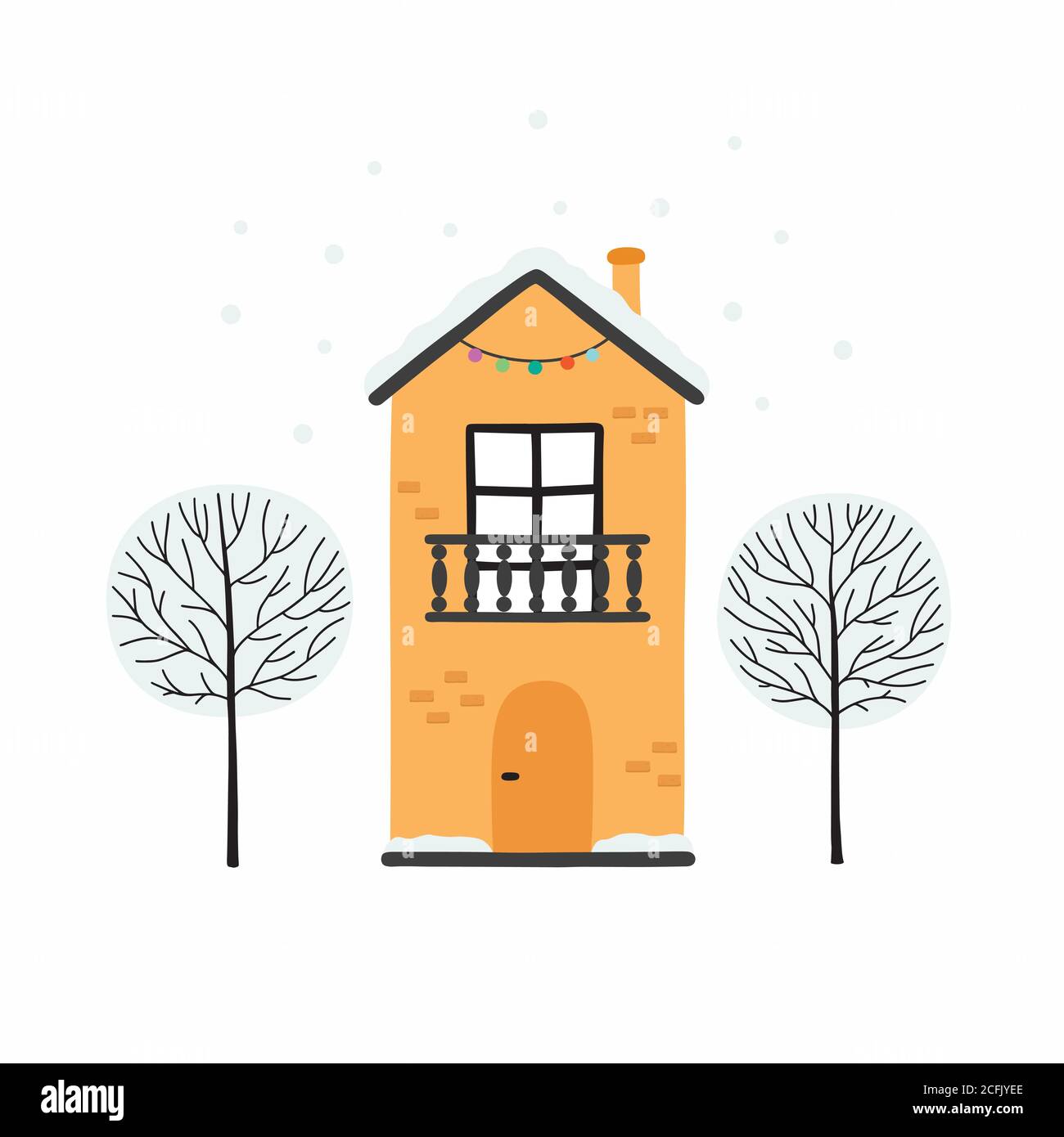 Carta paesaggio urbano invernale con case e alberi. Illustrazione Vettoriale