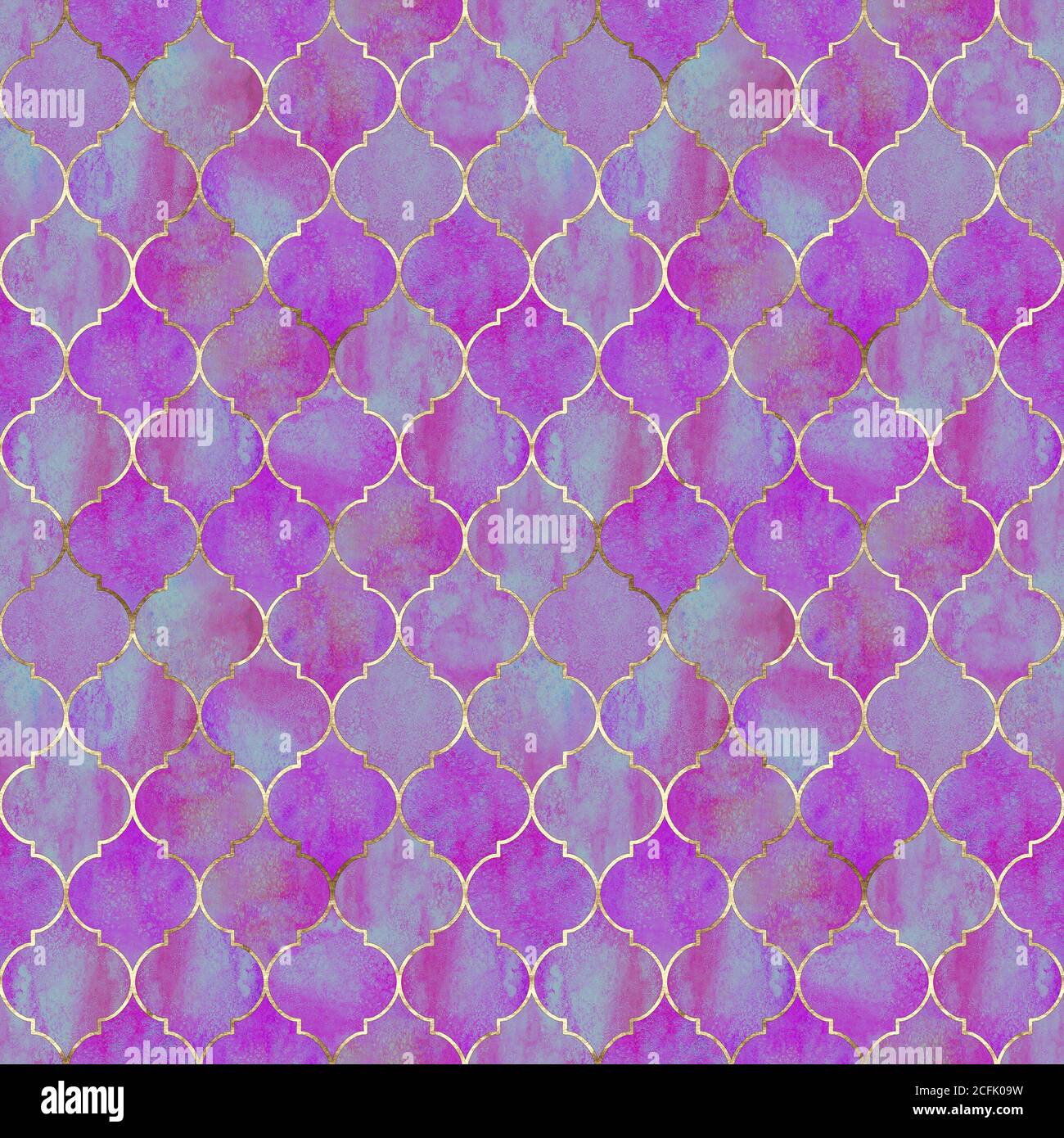 Motivo marocchino decorativo vintage senza cuciture con linea oro. Acquerello mano disegnato sfondo viola chiaro. Elementi geometrici orientali acquerelli Foto Stock