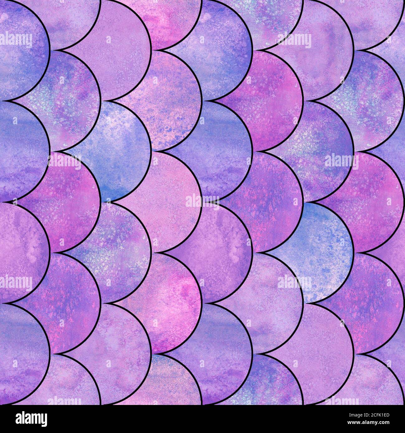 Mermaid pesce scala onda giapponese magico modello senza giunture. Acquerello disegnato a mano luminoso sfondo colorato con contorno nero. Forma delle scale acquerello Foto Stock