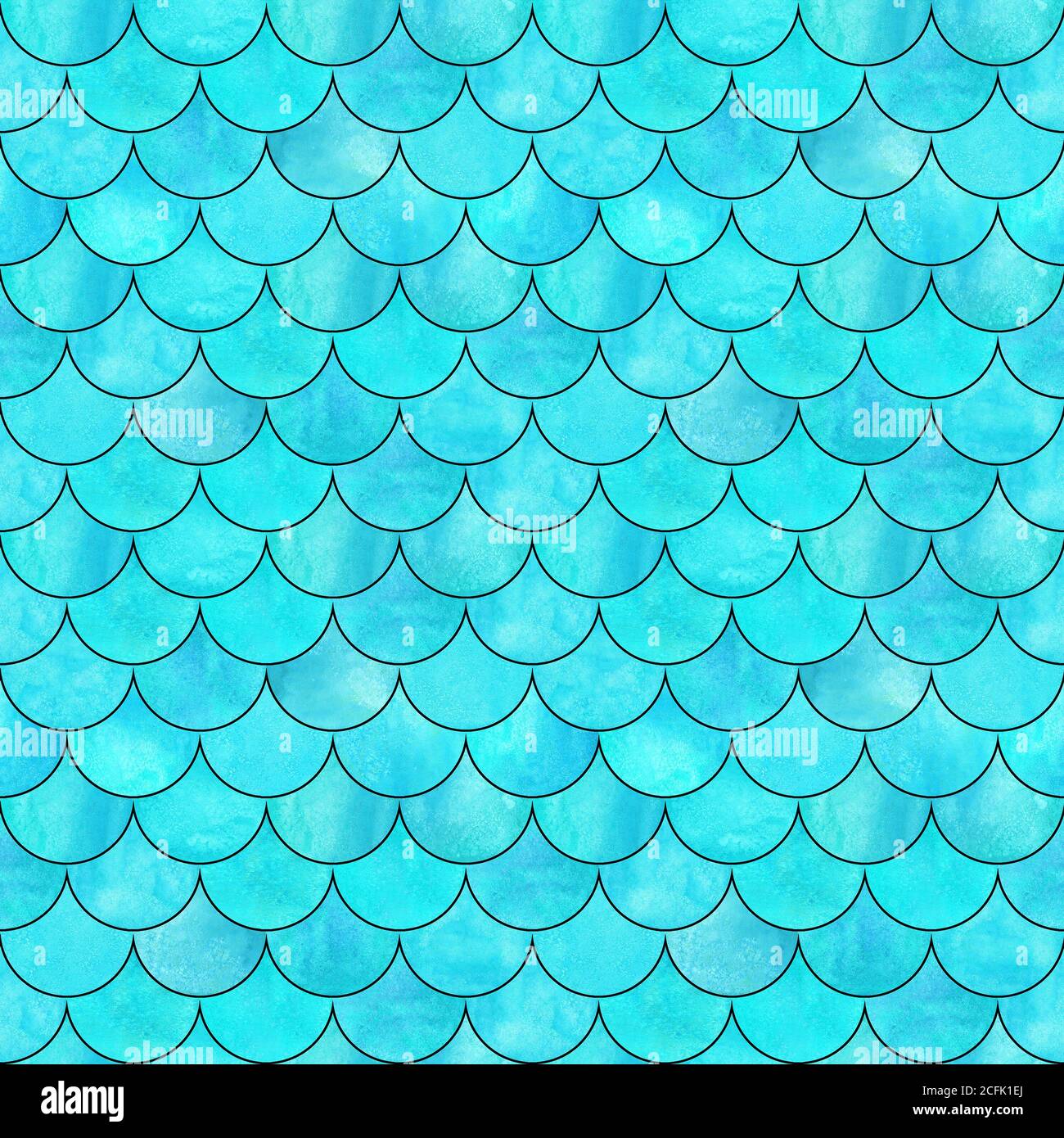 Mermaid pesce scala onda giapponese magico modello senza giunture. Acquerello sfondo turchese teal disegnato a mano con contorno nero. Scala acquerello a forma di Foto Stock