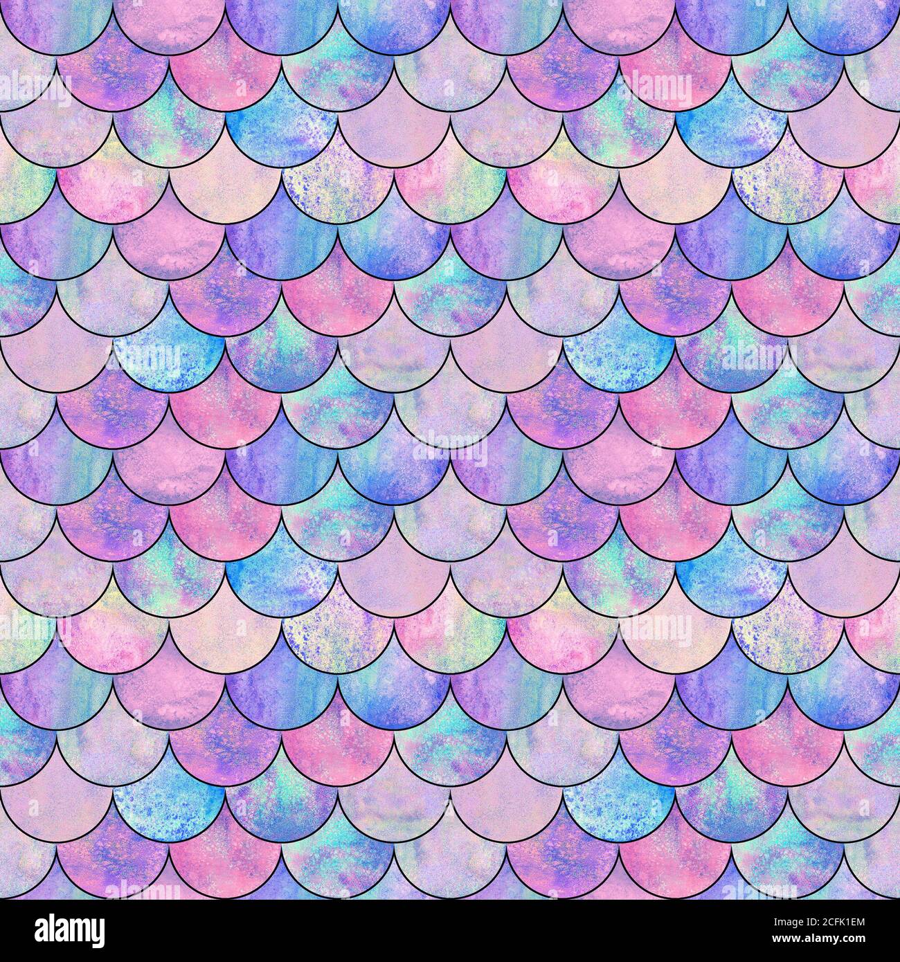 Mermaid pesce scala onda giapponese magico modello senza giunture. Acquerello disegnato a mano luminoso sfondo colorato con contorno nero. Forma delle scale acquerello Foto Stock