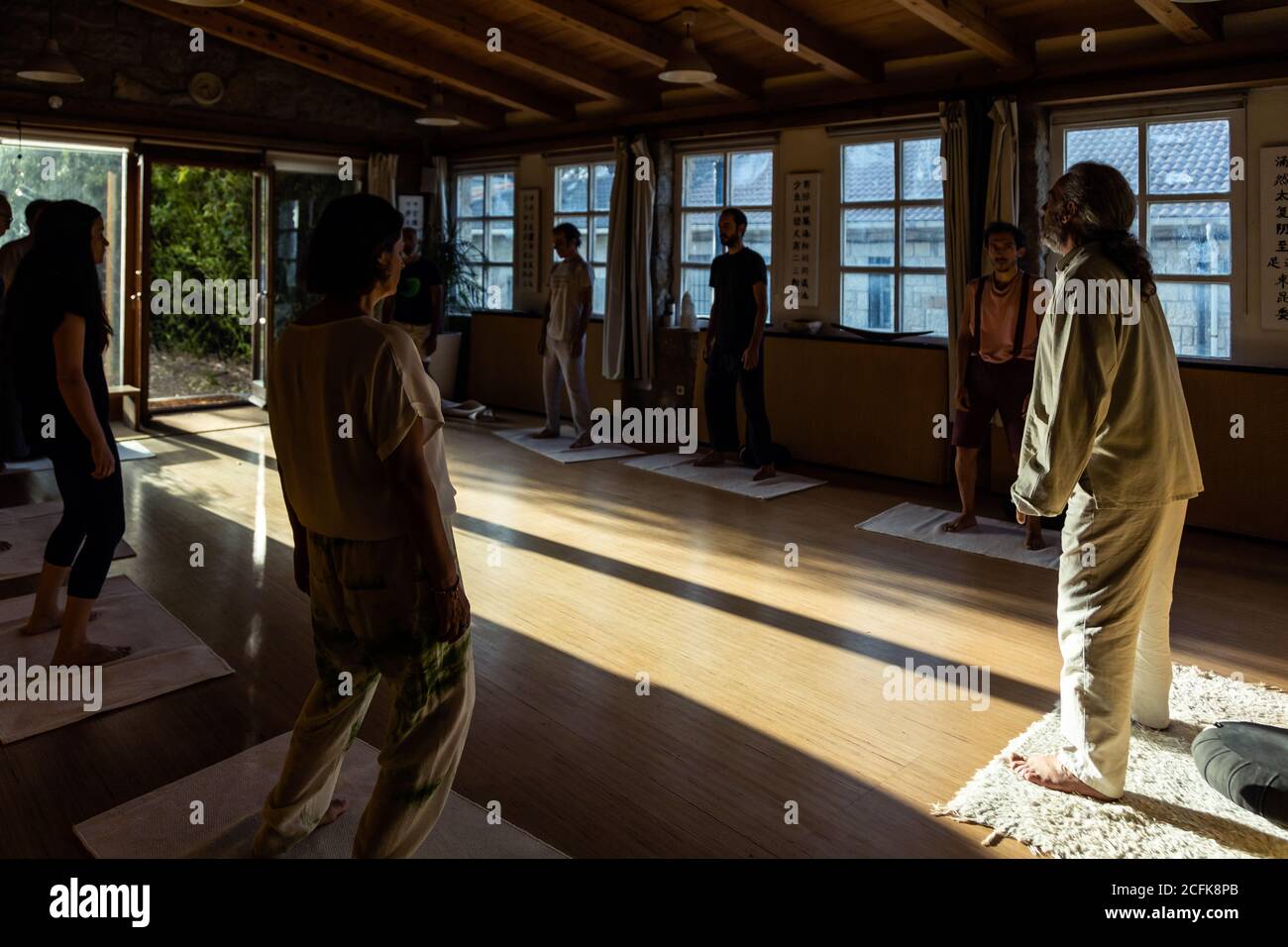 Istruttore maschile maturo con gruppo di professionisti che hanno chi kung sessione in spazioso padiglione Foto Stock