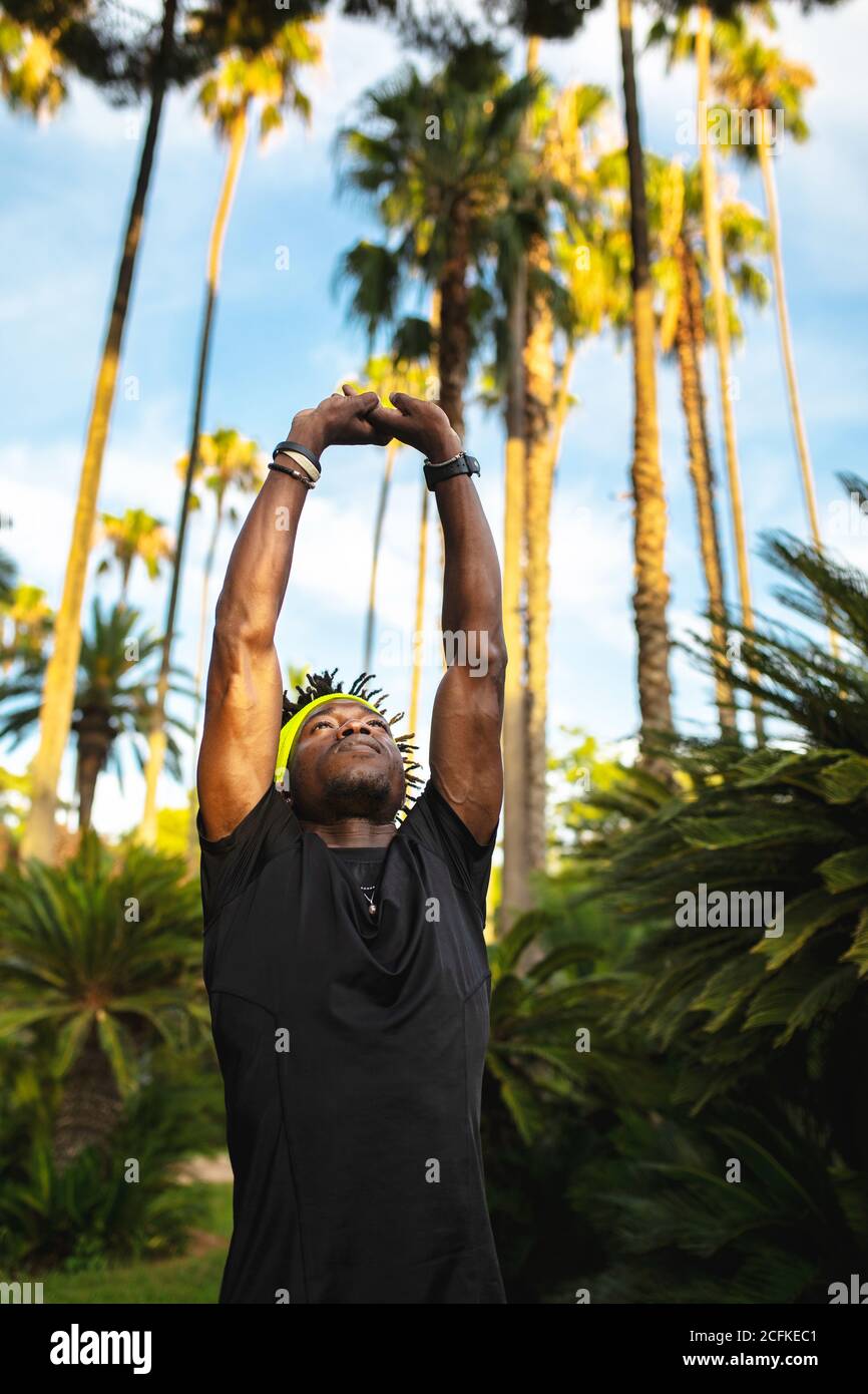 Giovane atleta afro-americano di fiducia in abbigliamento sportivo alla moda stretching armi mentre si allenano nel parco con alberi tropicali verdi Foto Stock