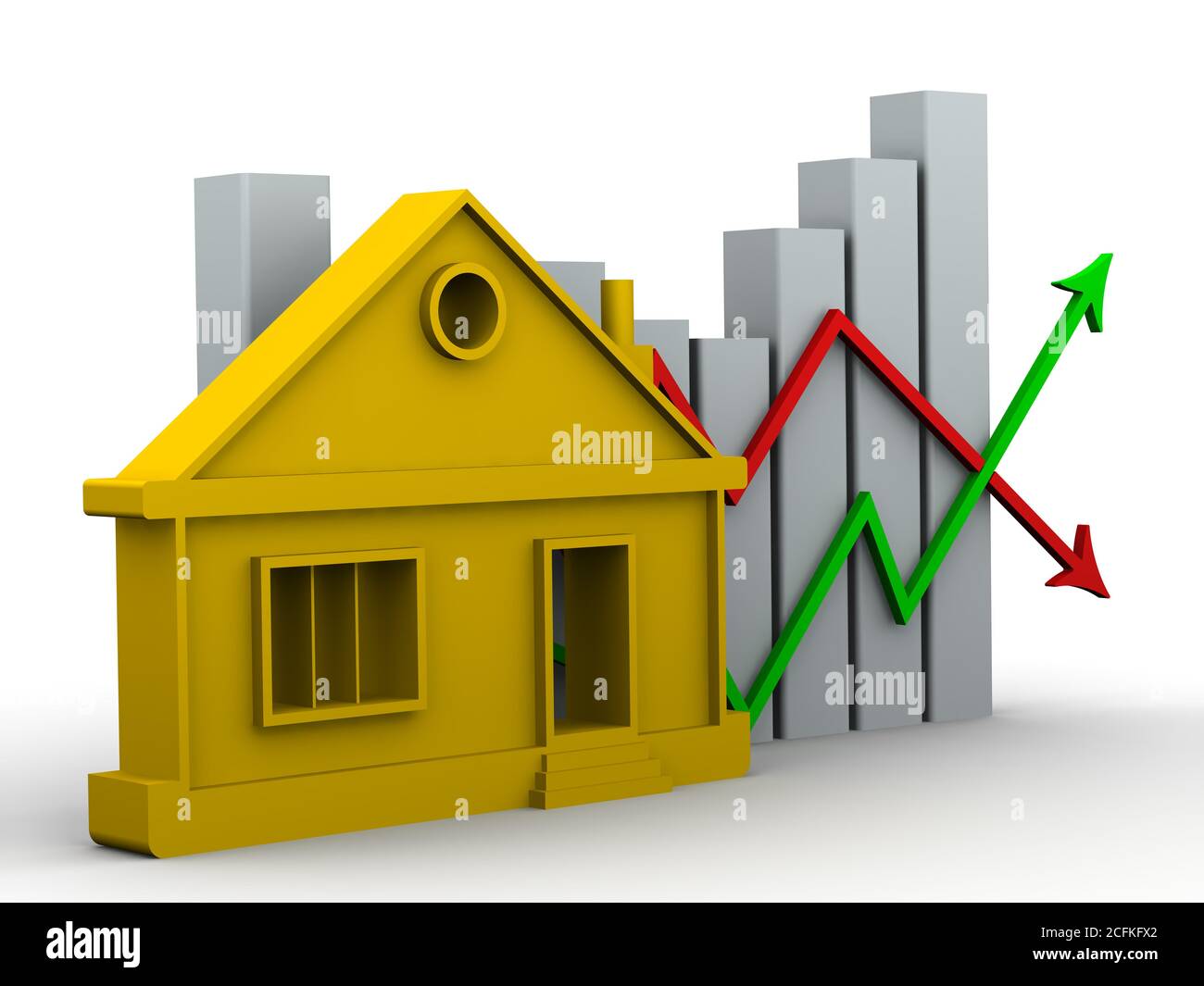 Variazioni dei prezzi degli immobili. Inserire i cambiamenti di prezzo e la casa simbolica. Concetto finanziario Foto Stock