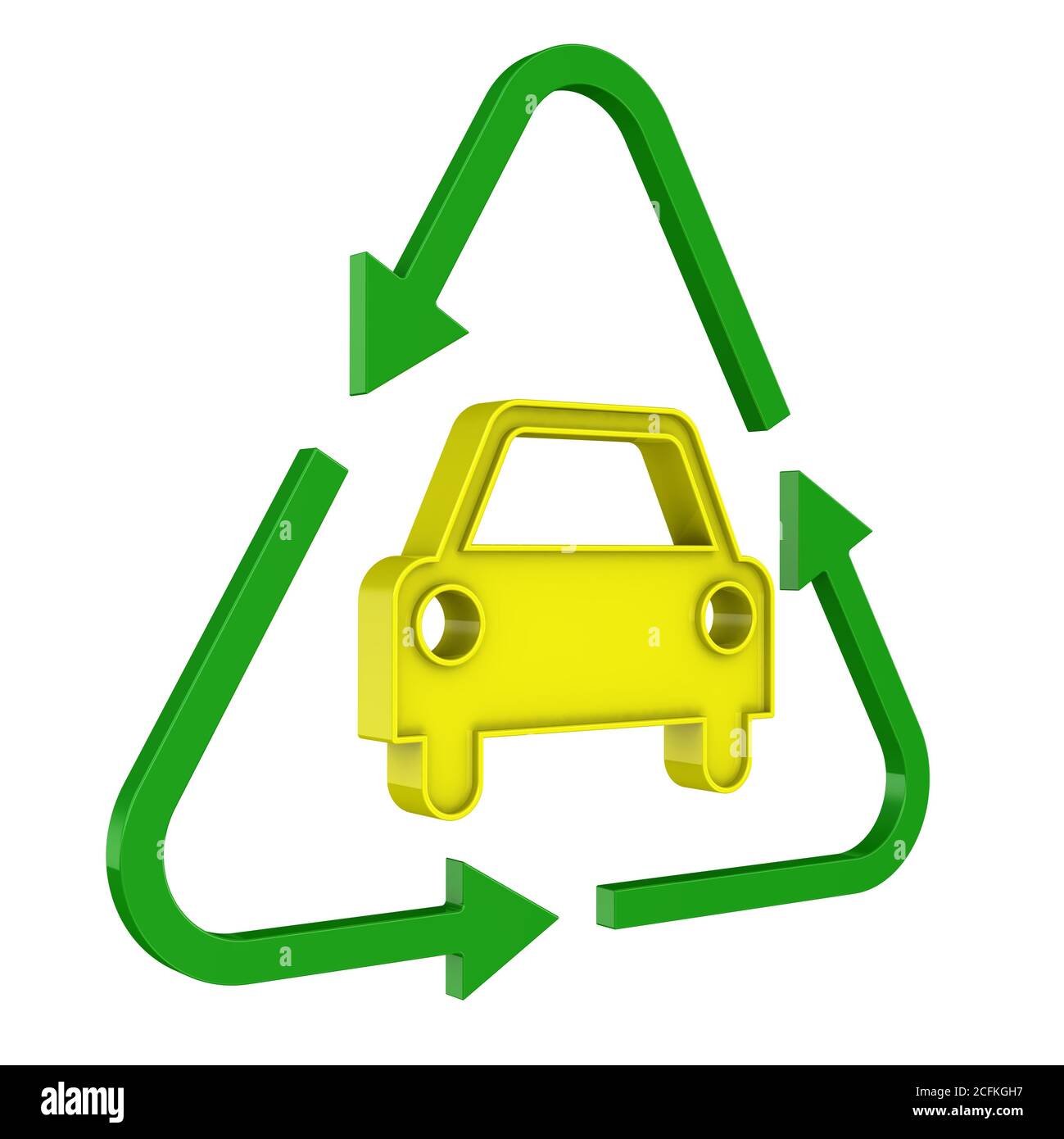 Cartello riciclaggio auto. Simbolo giallo dell'auto e frecce verdi disposte a triangolo. Isolato. Illustrazione 3D Foto Stock