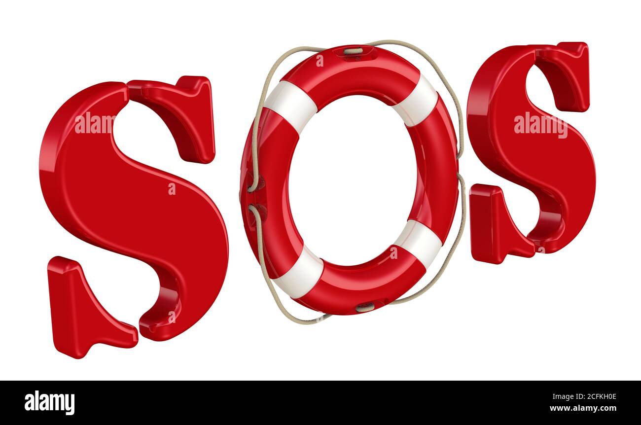 SOS è un segnale di emergenza con codice Morse. La linfa vitale rossa nel segnale internazionale di soccorso SOS si trova al posto della lettera O. isolato Foto Stock