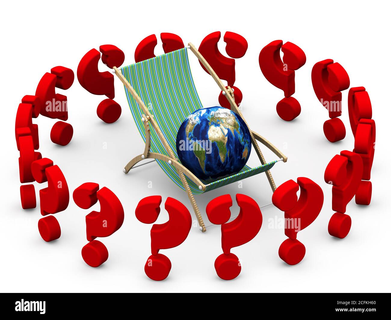 Il problema di scegliere un luogo di riposo. Una chaise lounge con globo circondato da punti interrogativi rossi si trova su una superficie bianca. Illustrazione 3D Foto Stock