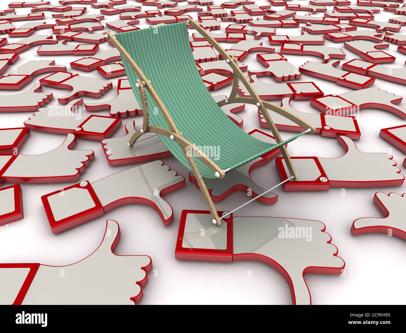 Recensioni sul resto. Il concetto. Sedia da spiaggia vuota giace a mano gesti consenti e approvazioni (POLLICI SU e POLLICI GIÙ). Illustrazione 3D Foto Stock