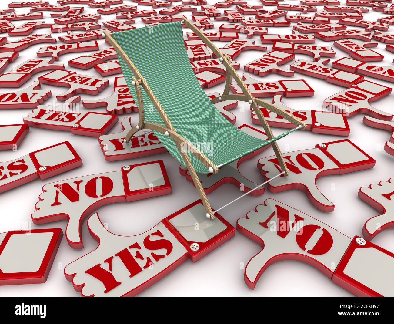 Recensioni sul resto. Il concetto. Sedia da spiaggia vuota giace a mano gesti consenti e approvazioni (POLLICI SU e POLLICI GIÙ). Illustrazione 3D Foto Stock