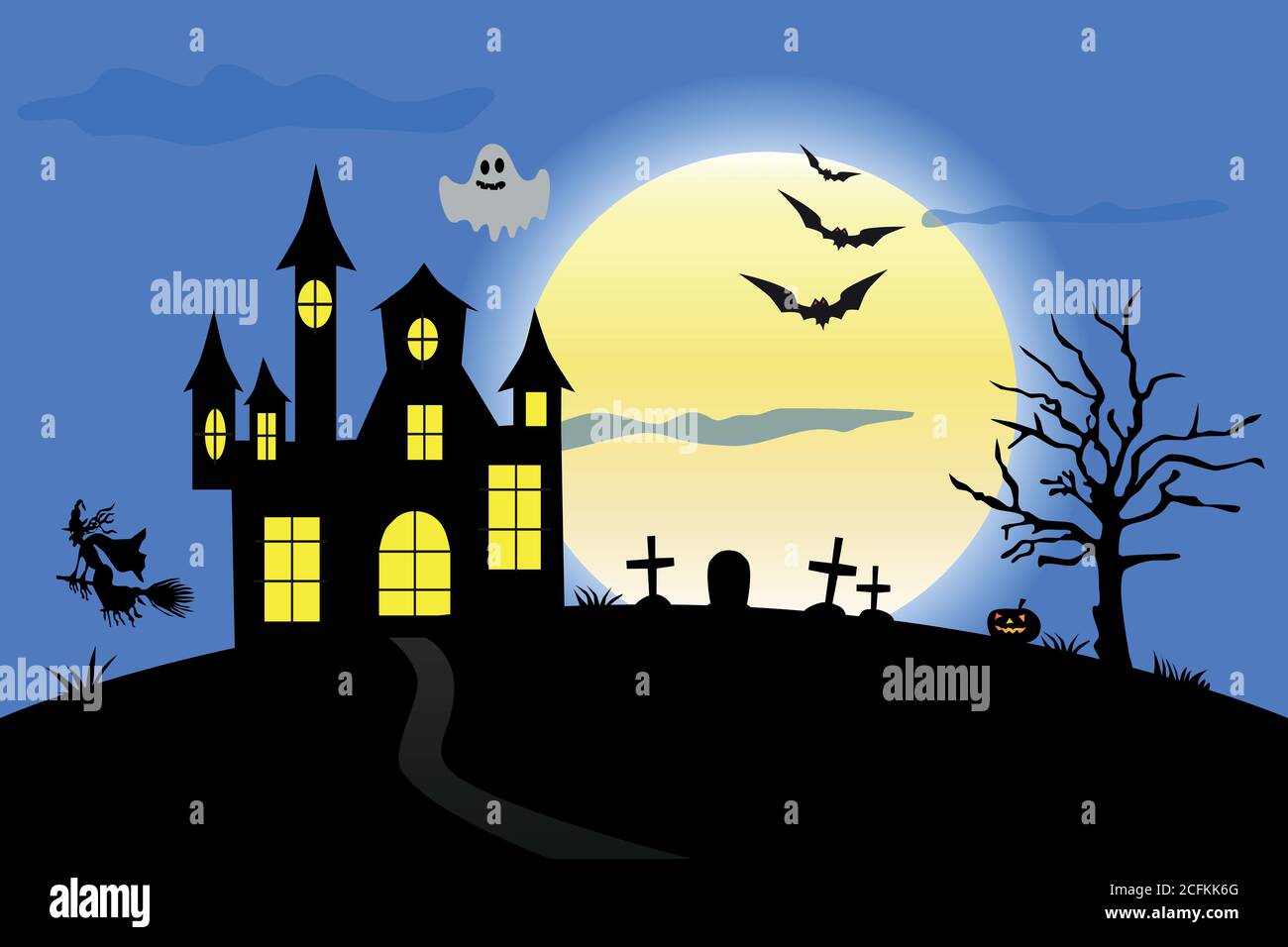 Silhouette di temibile casa, cimitero, fantasma e pipistrelli sullo sfondo della luna piena - illustrazione per Halloween Illustrazione Vettoriale