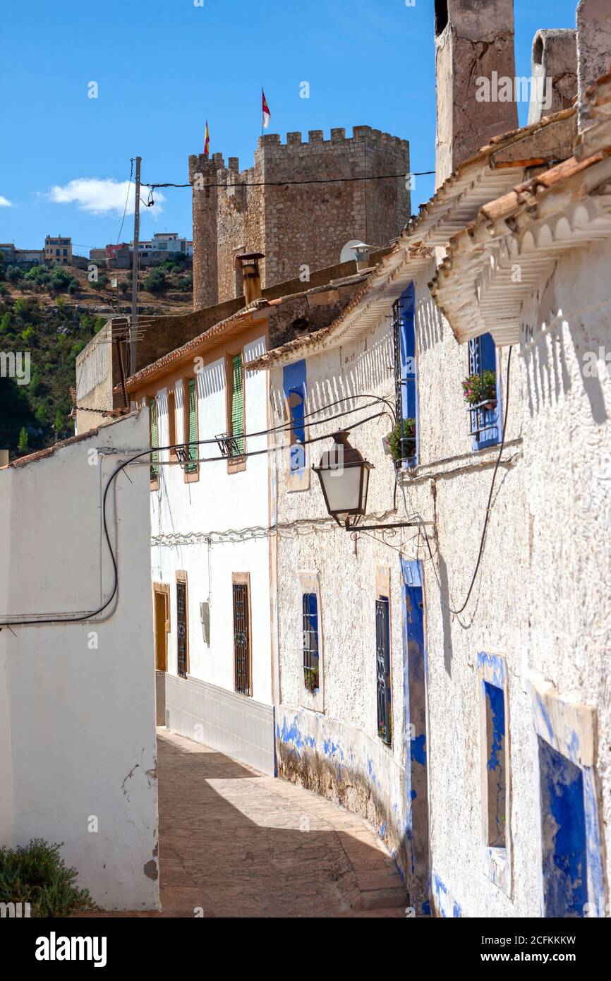 Vecchie case in Alcala del Jucar, Albacete, uno dei più bei villaggi della Spagna. Castiglia-la Mancha. Foto Stock