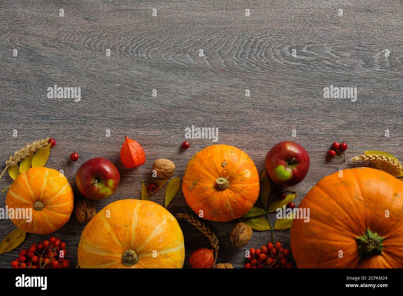 Composizione autunnale. Zucche d'arancia, frutta autunnale e noci su tavola di legno scuro. Raccolto o sfondo del Ringraziamento. Disposizione piatta, vista dall'alto, spazio per la copia Foto Stock