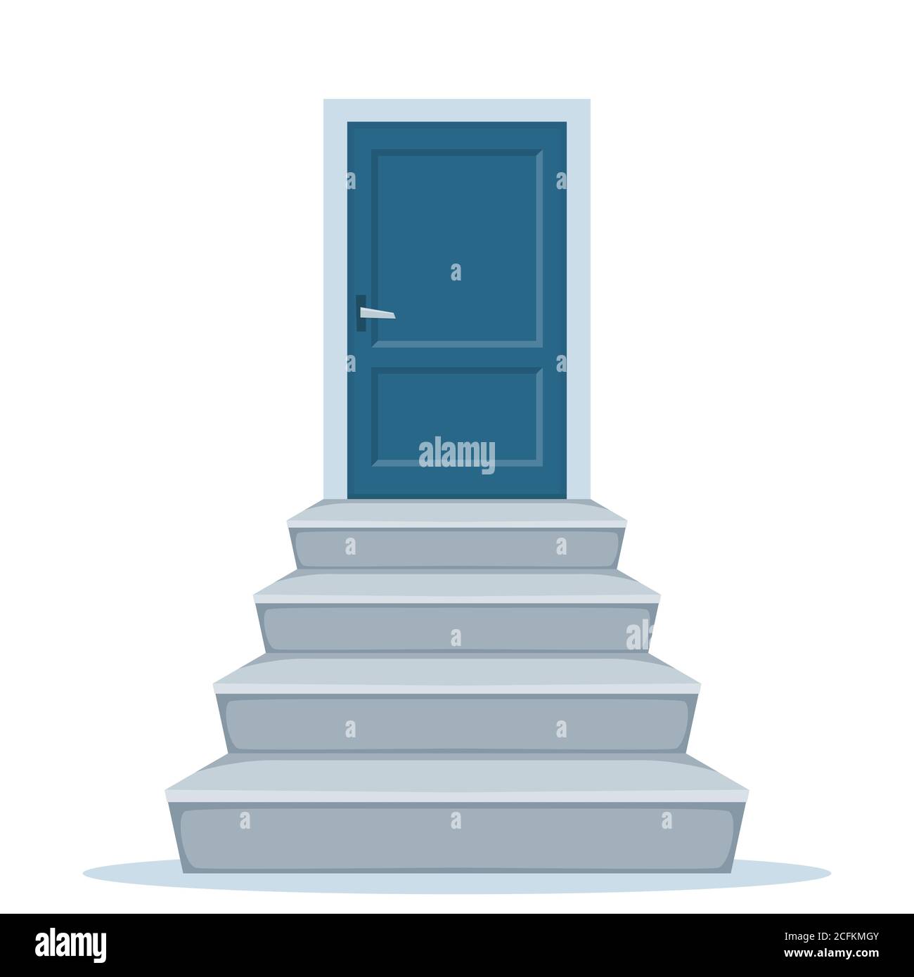 Scale verso la porta. Scala in cemento grigio. Vista frontale della sagoma della scala e sportello chiuso. Illustrazione vettoriale isolata in bianco Illustrazione Vettoriale