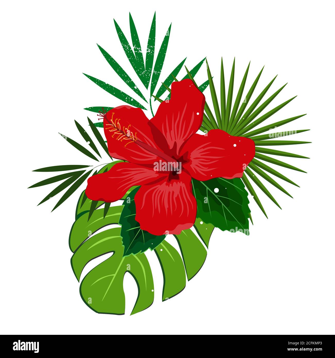 Composizione bouquet con fiori rossi di ibisco e foglie di palma, illustrazione vettoriale piatta. Tropicale piante esotiche Hawaii isolato su bianco Illustrazione Vettoriale