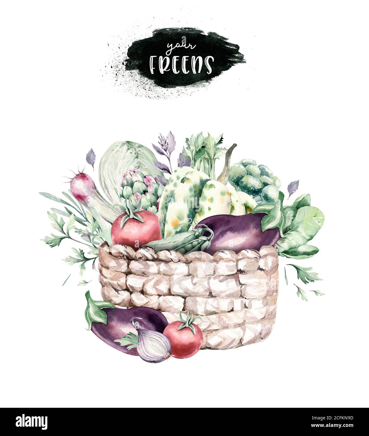 Verdure sano organico acquerello scatola di legno e cesto di vimini con peperone, porro, cipolla e l'illustrazione di rosmarino vitamina di avocado. Isolato Foto Stock