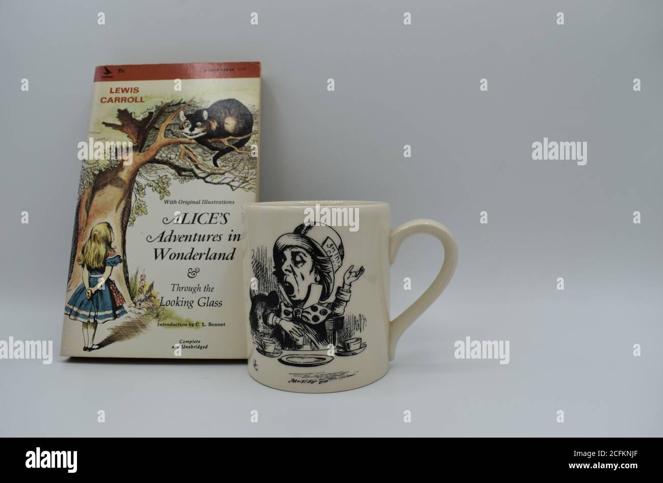 Libro e tazza di Alice in Wonderland, con spazio per la copia sul lato destro. Foto Stock