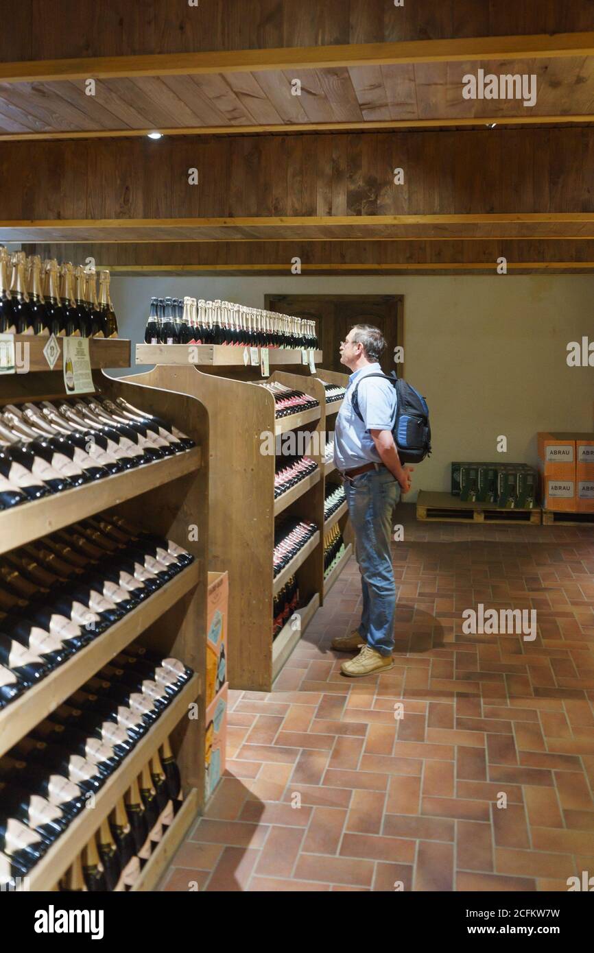 Russia, regione di Krasnodar, Novorossiysk, il villaggio di Abrau-Durso-12 giugno 2018: Turistica nel negozio Grotto fabbrica spumanti Abrau-Durso guardare Foto Stock