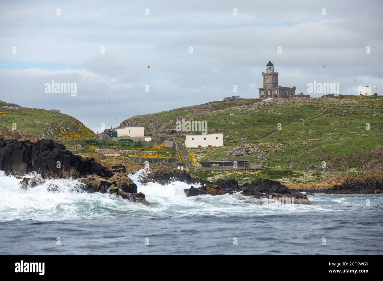 L'isola di maggio visto da una barca fuori nel Mare del Nord, Scozia Foto Stock