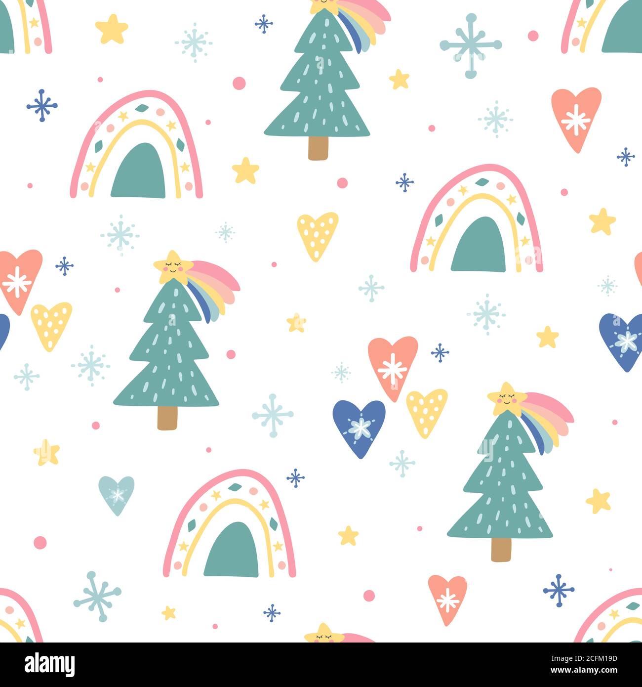 Natale modello senza giunture con simpatici personaggi divertenti. Decorazione unica con arcobaleni, albero di natale, nuvole, fiocchi di neve, cuori, sole e palle Illustrazione Vettoriale