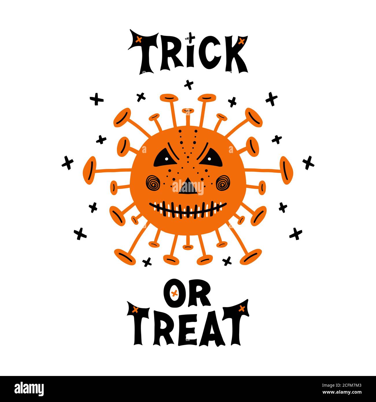 Halloween mano disegnati batteri di coronavirus con faccia spaventosa e trucco o trattare la scritta. Isolato su sfondo bianco. Illustrazione di stock vettoriale. Illustrazione Vettoriale