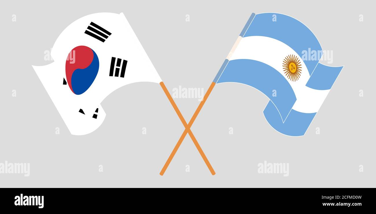 Bandiere incrociate e sventolanti di Argentina e Corea del Sud. Illustrazione vettoriale Illustrazione Vettoriale